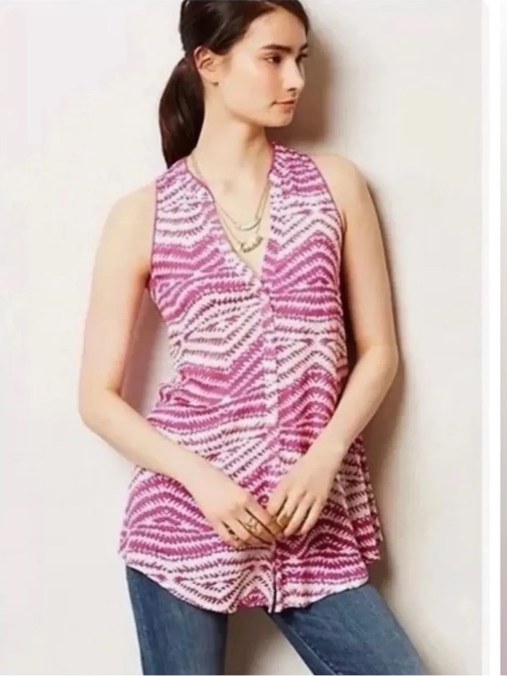 Anthropologie Maeve Ada Swing Blouse Pink/White